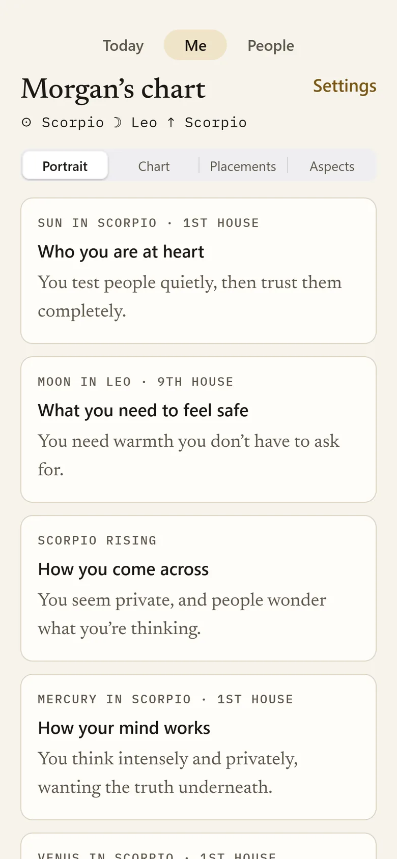 Portrait: cards like “Who you are at heart” and “What you need to feel safe”, each read in plain words.