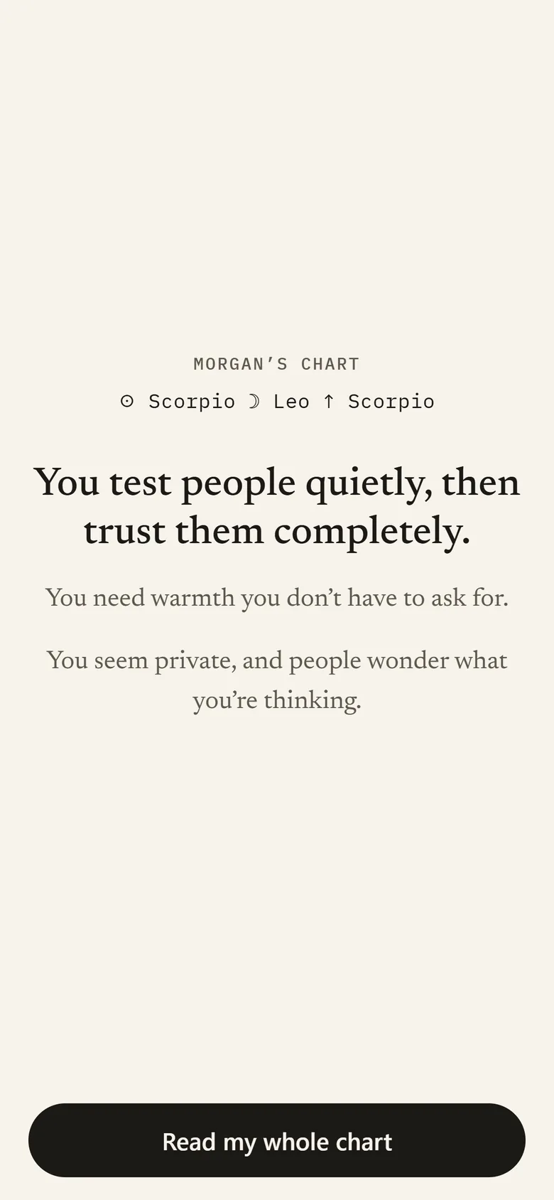 The reveal: your Sun, Moon and rising sign in one sentence each.