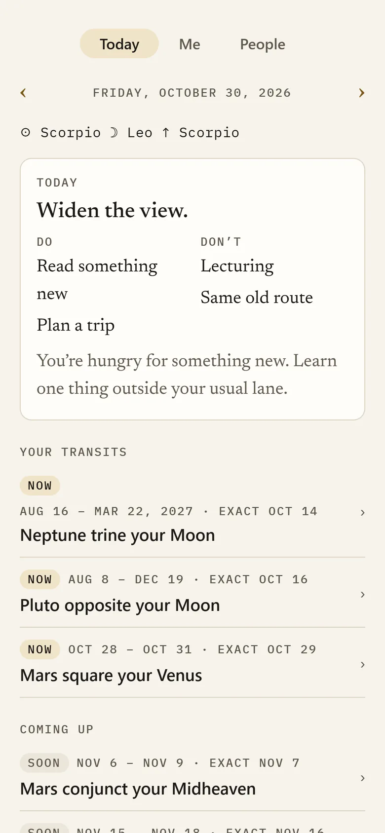 The Today screen: a daily card and the transits touching your chart.